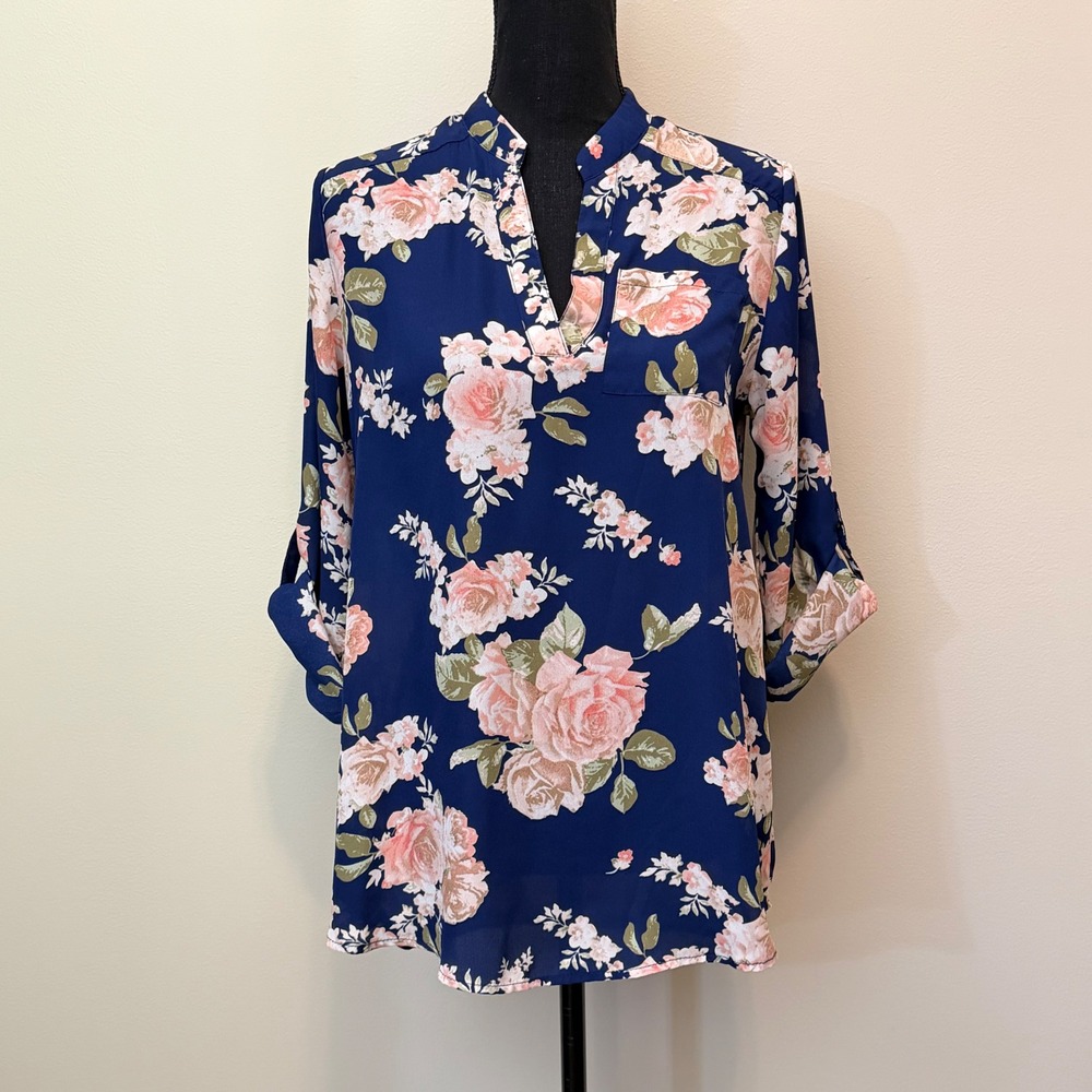 Rue21 Womens M Navy Pink Floral Roll Tab Sleeve Split Neck Blouse Office Flowy
